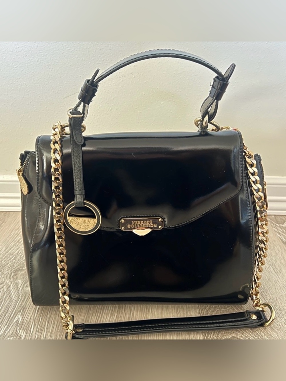 Versace Collection Black Patent Satchel with Gold Chain Accents